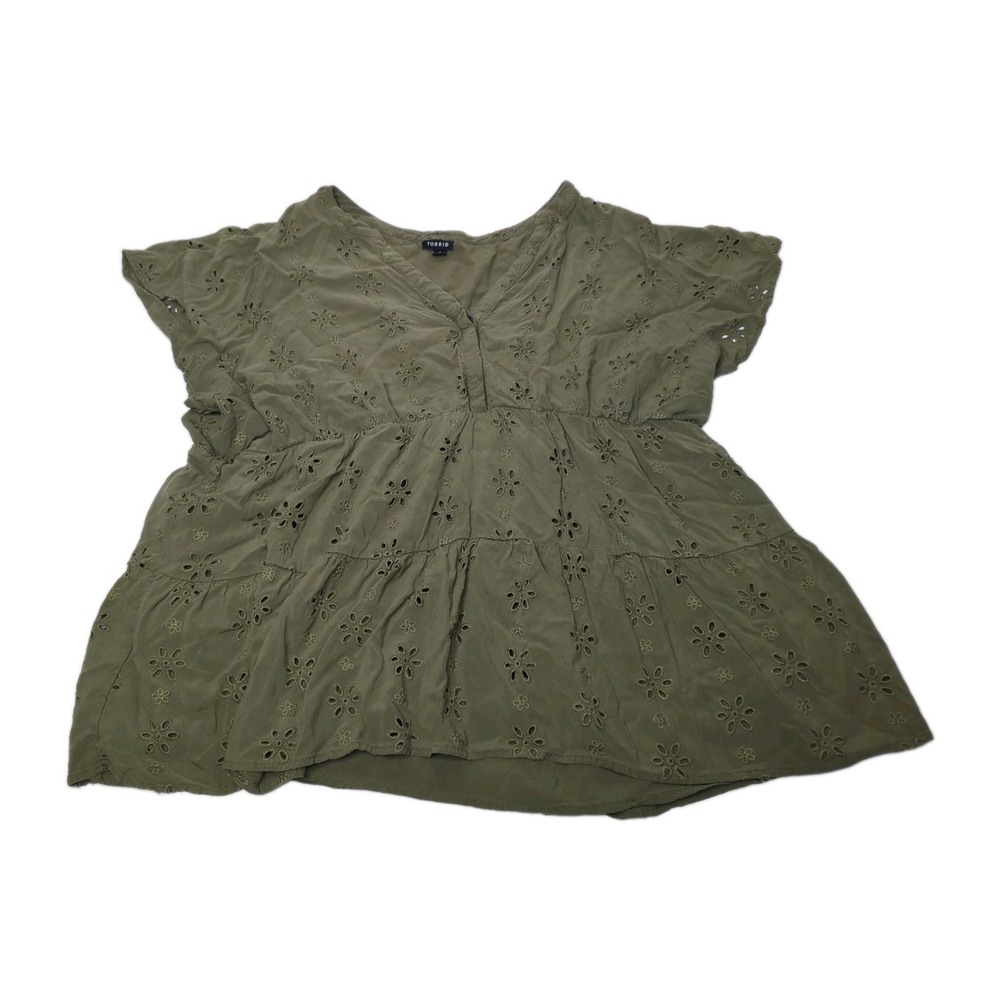 Torrid 4X Olive Green Eyelet Babydoll Blouse Cottagecore Fairycore Peplum Blouse